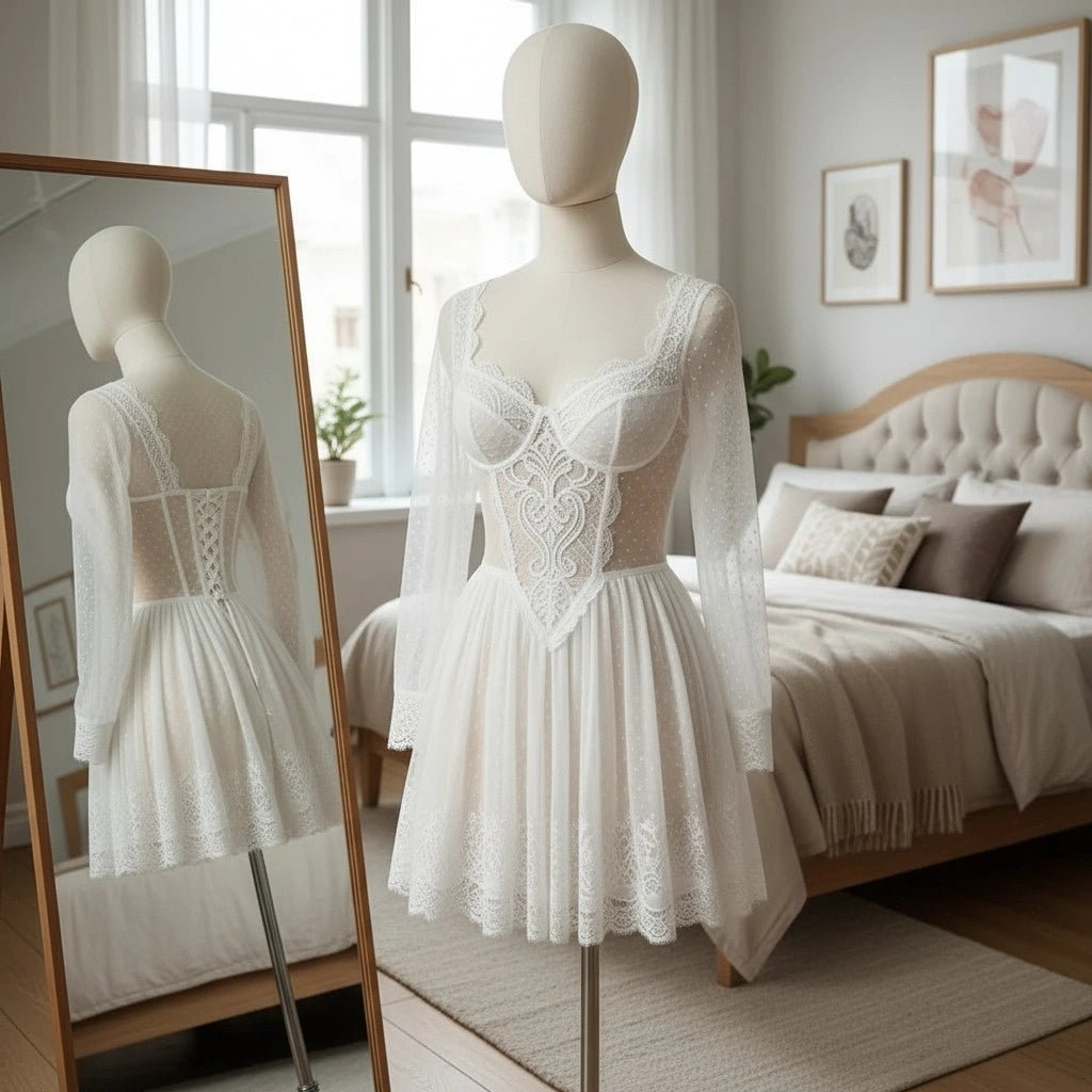 White Lace Babydoll Lingerie for Women – Sheer Mesh Dress