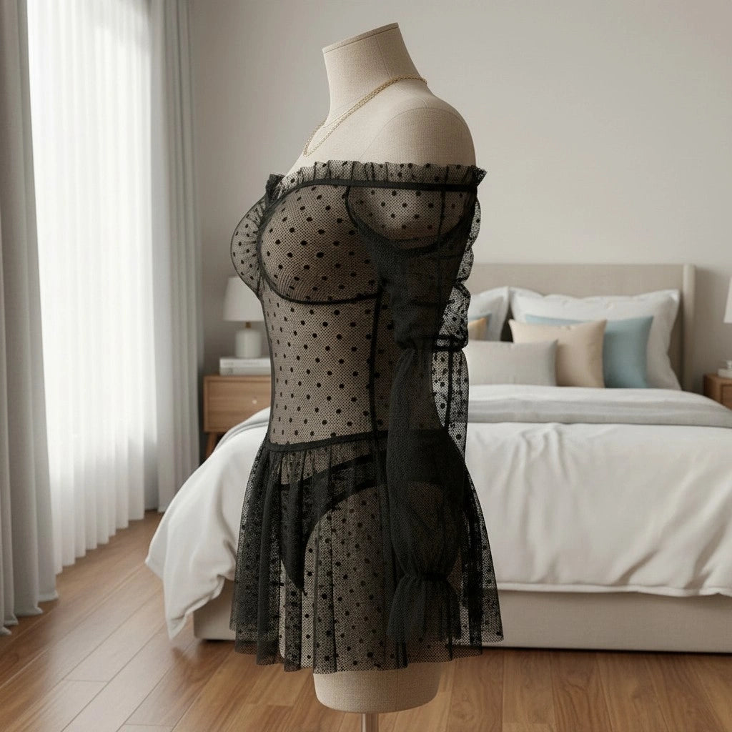 Sheer Polka Dot Babydoll Lingerie for Women – Mesh Dress