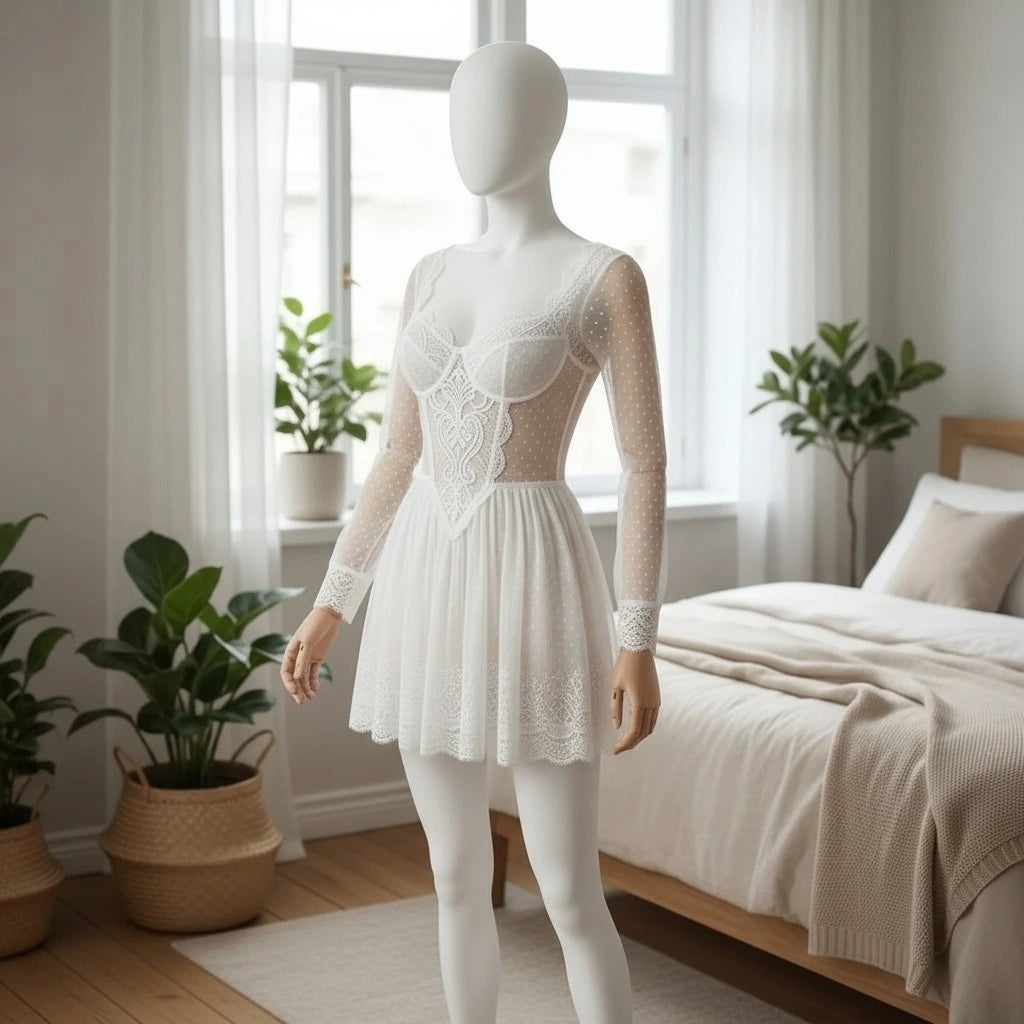 White Lace Babydoll Lingerie for Women – Sheer Mesh Dress