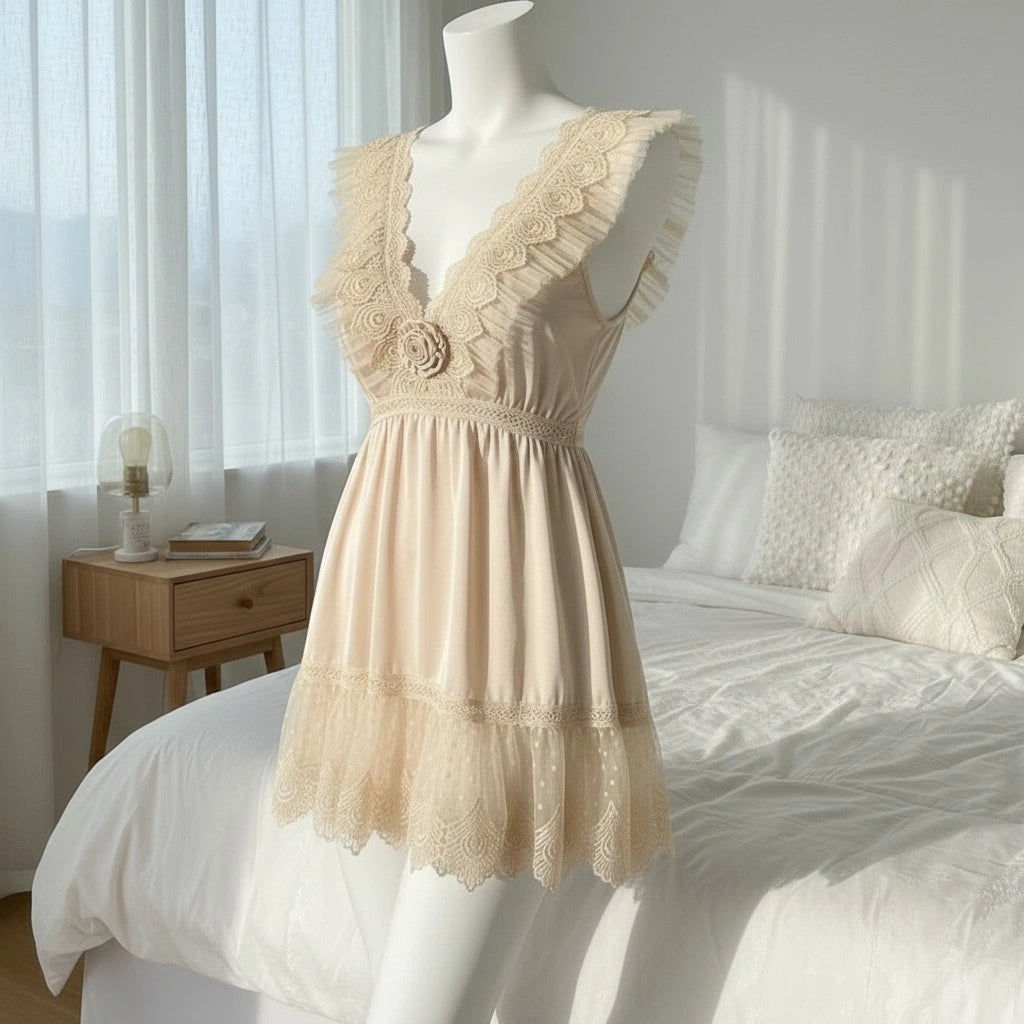 Rust Lace Babydoll Lingerie for Women – Sheer Mesh Dress