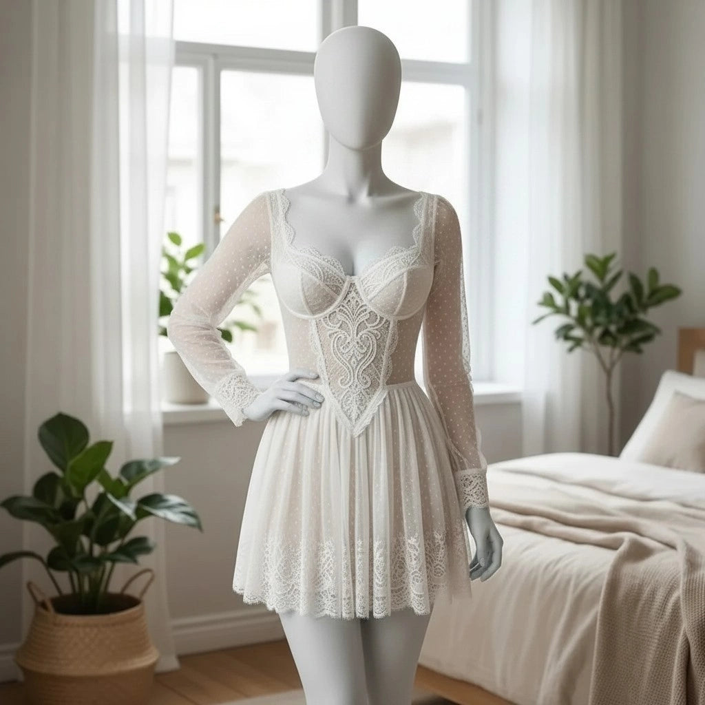 White Lace Babydoll Lingerie for Women – Sheer Mesh Dress