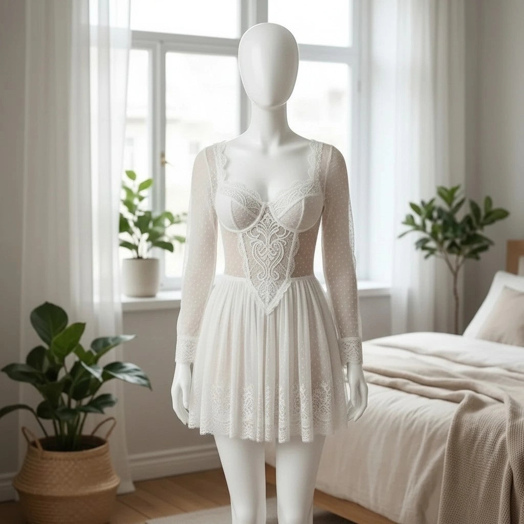 White Lace Babydoll Lingerie for Women – Sheer Mesh Dress