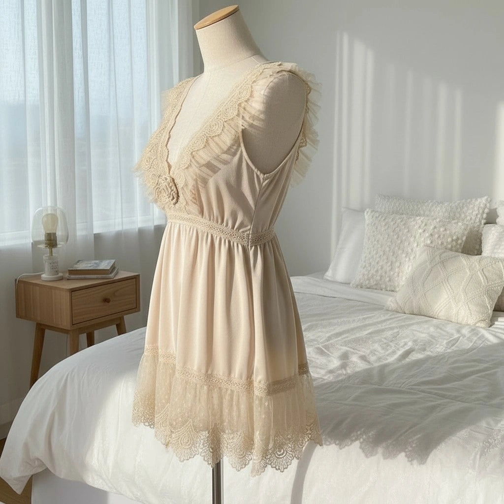 Rust Lace Babydoll Lingerie for Women – Sheer Mesh Dress